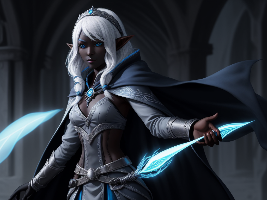 high def pictures: 1 solo female drow elf adventurer, black skin,