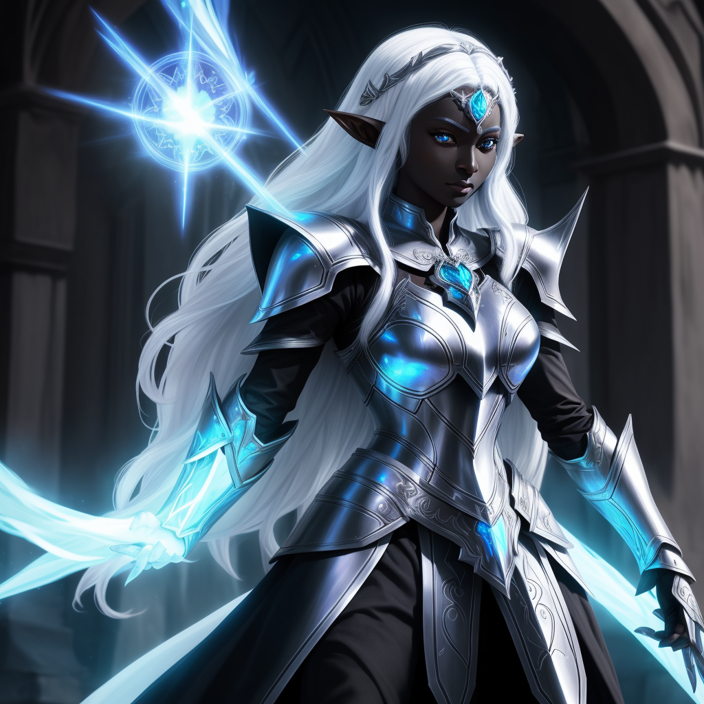 high quality image: one drow elf woman paladin, fantasy armor, white