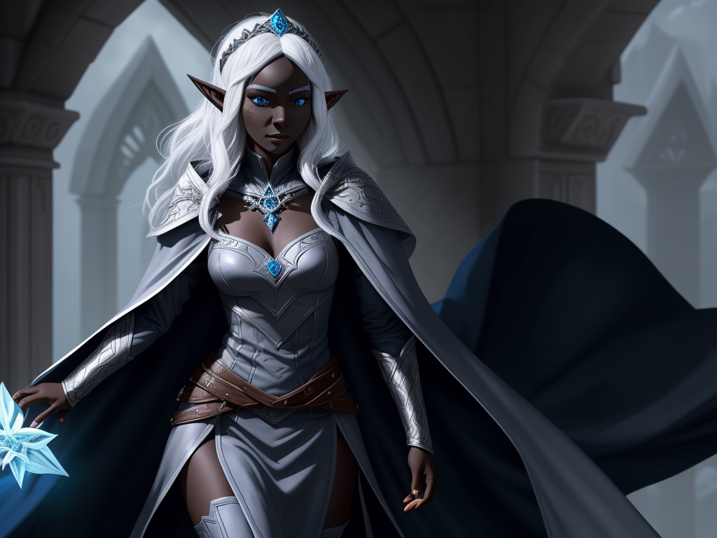 high quality images: 1 solo female drow elf adventurer, black skin,