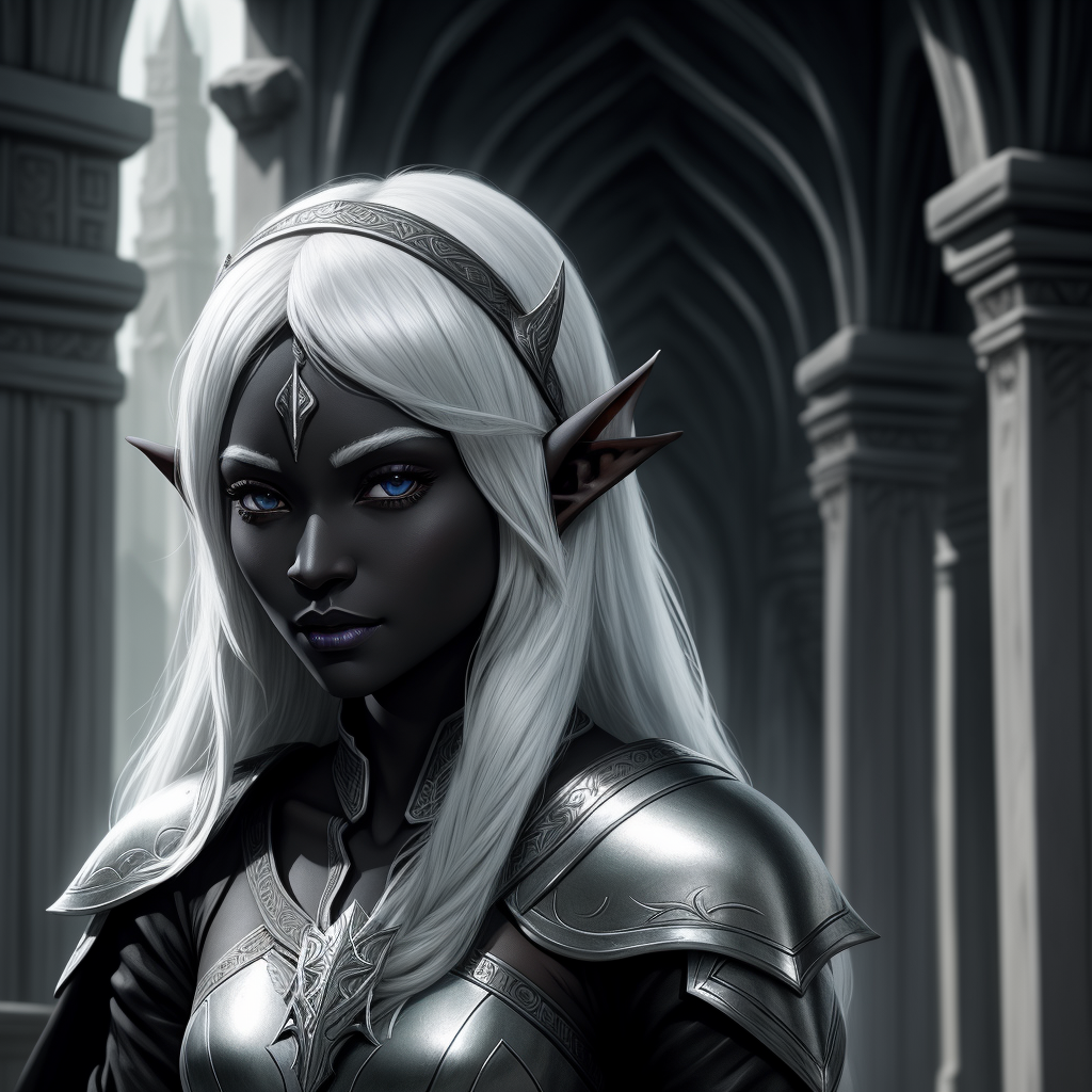 high quality images: 1 solo female drow elf, beautiful face, full