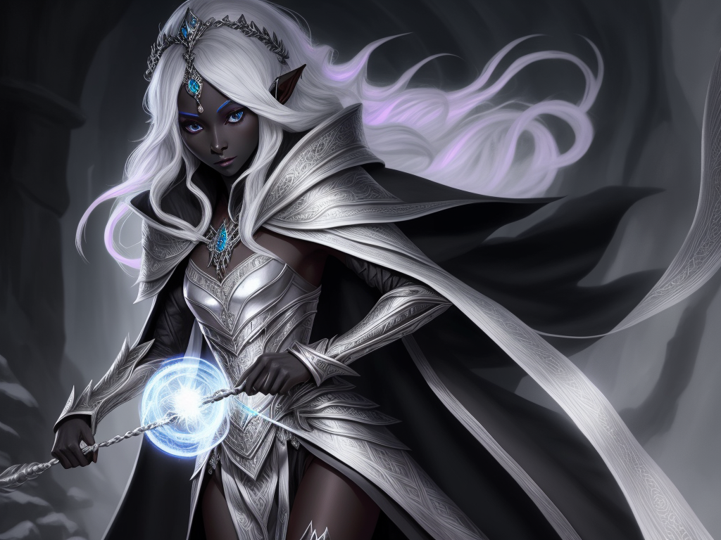 high quality images: 1 solo female drow elf scholar, black skin,