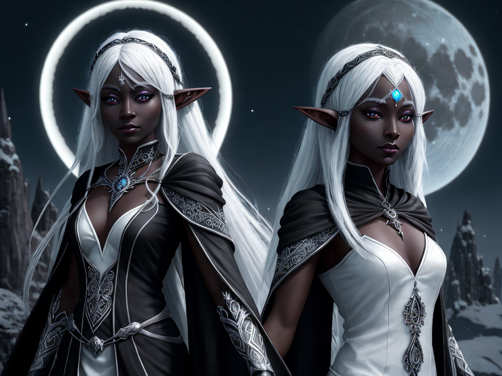 high quality images: one cute female drow elf wizard, black skin,