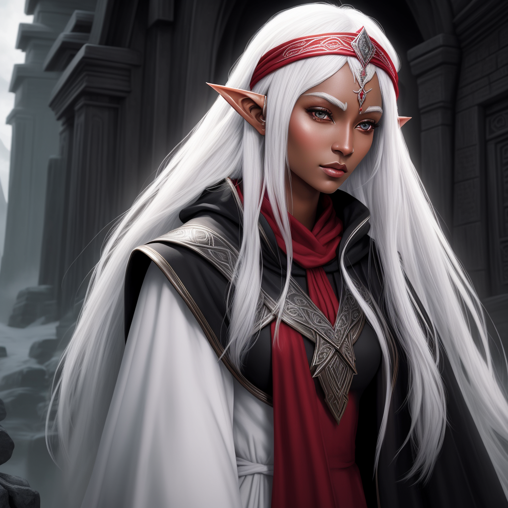 high-res image: female drow elf mage, beautiful face, very