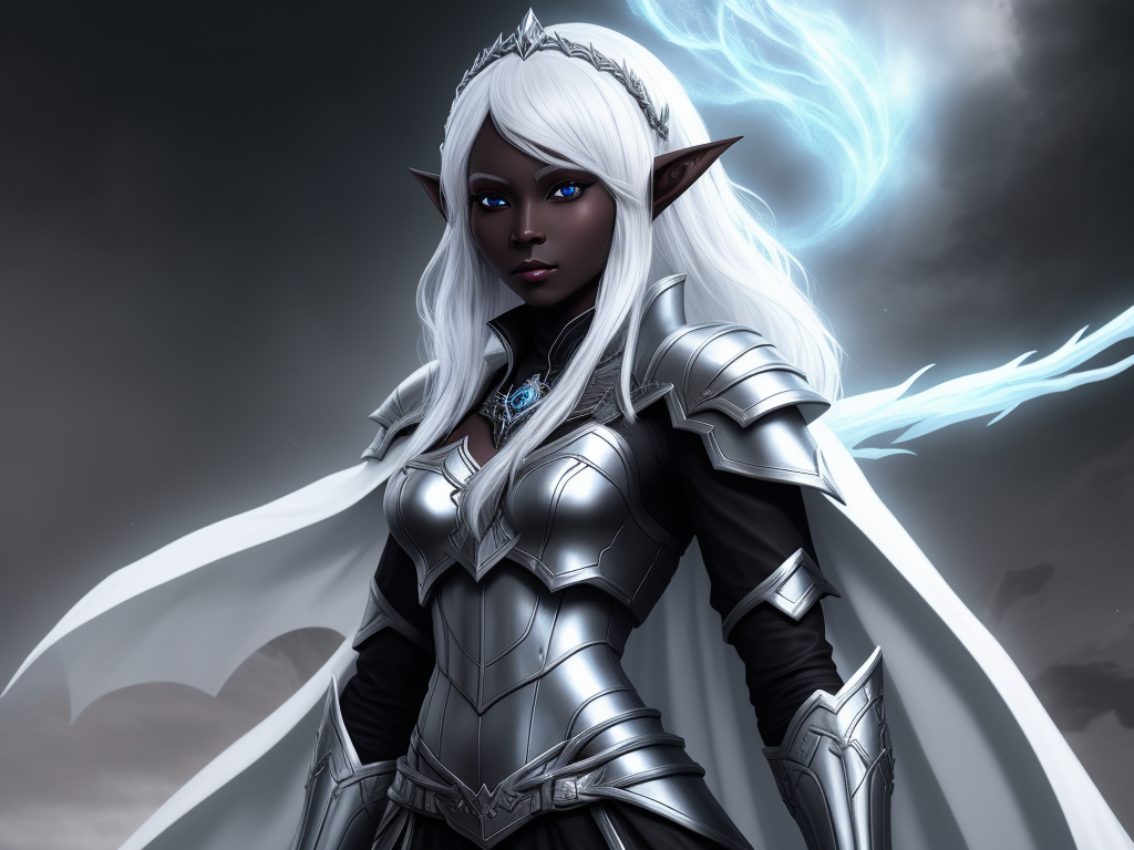 high resolution images: 1 solo female drow elf adventurer, black skin,