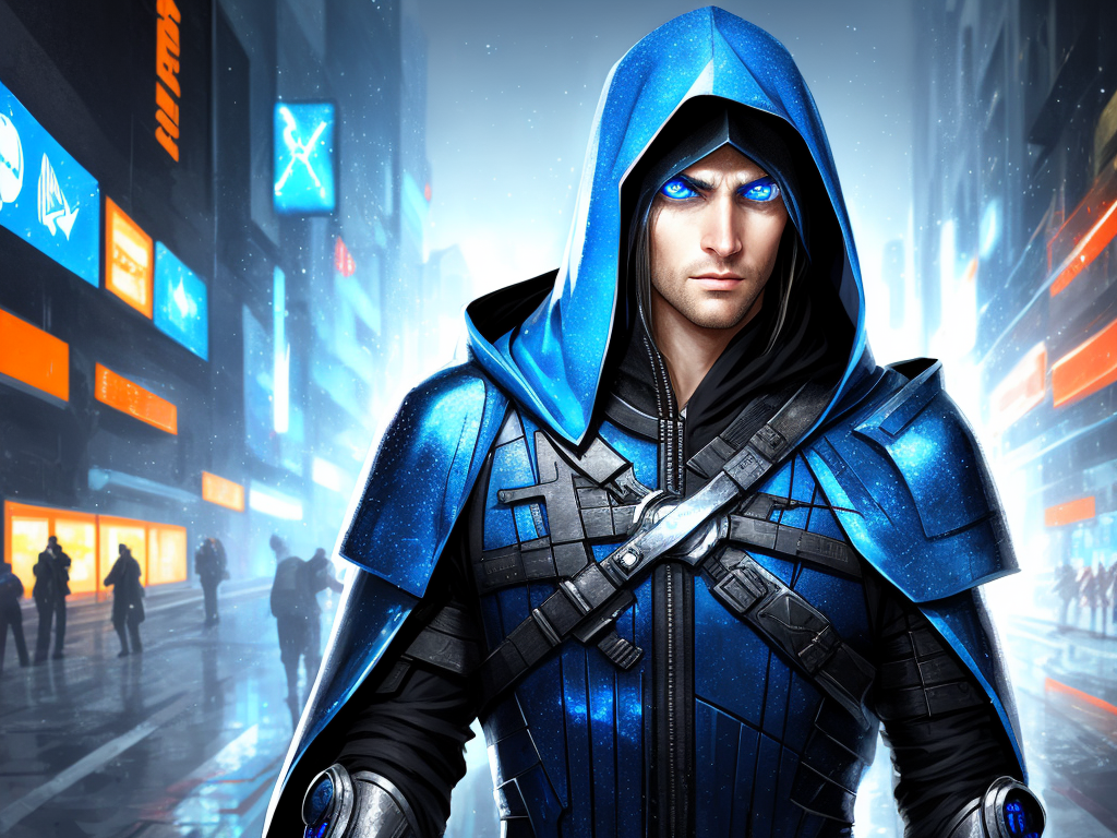 Ai makes images: hooded man blue eyes sparkling cyberpunk