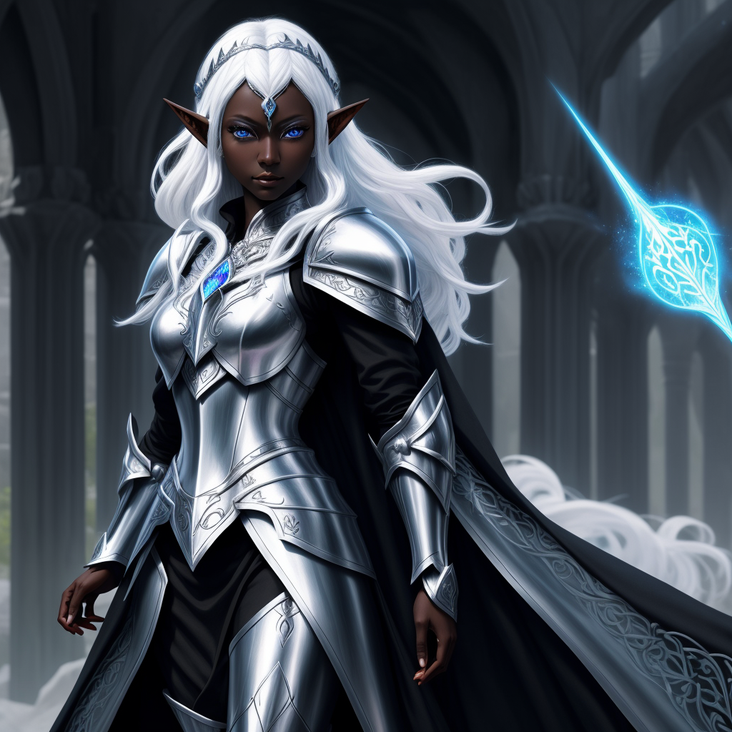 image quality enhancer: one drow elf woman paladin, fantasy armor, white