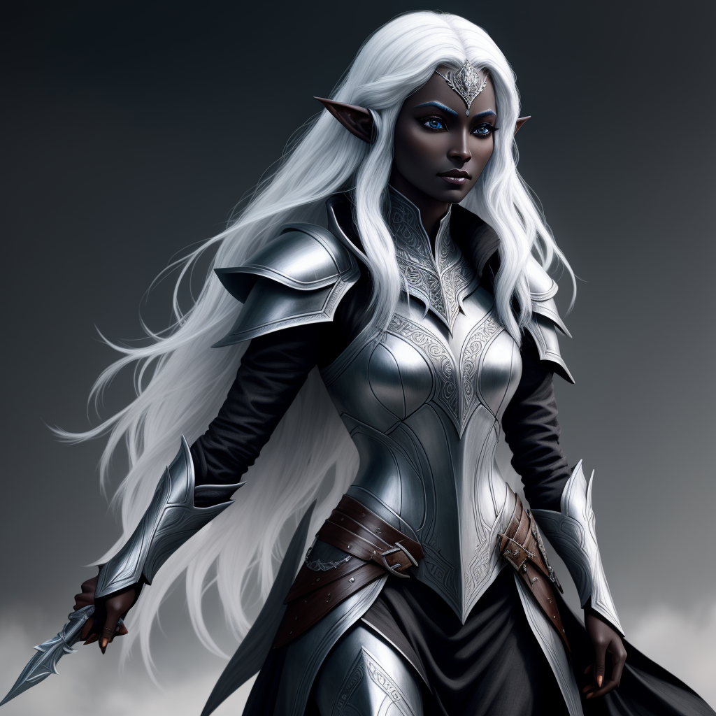 image to hd: one tall drow Elven woman wearing an armor, black