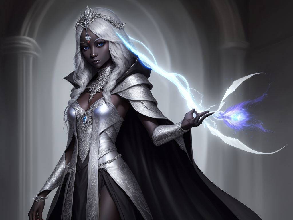 image upscale: 1 solo female drow scholar, black skin, silver