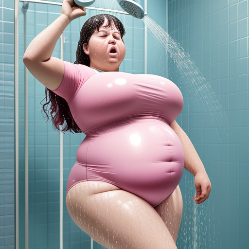 image upscale bloated woman in shower inflating herself with
