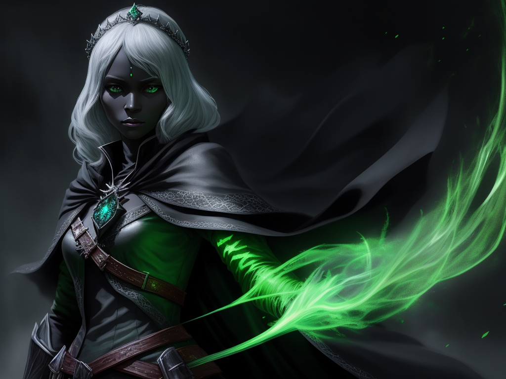 increase resolution of image: 1 solo female drow cleric, full figure, green