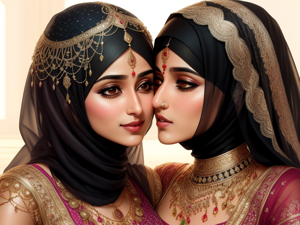 टेक्स्ट से एआई आर्ट जेनरेटर indian muslim lesbian share kissing on lips