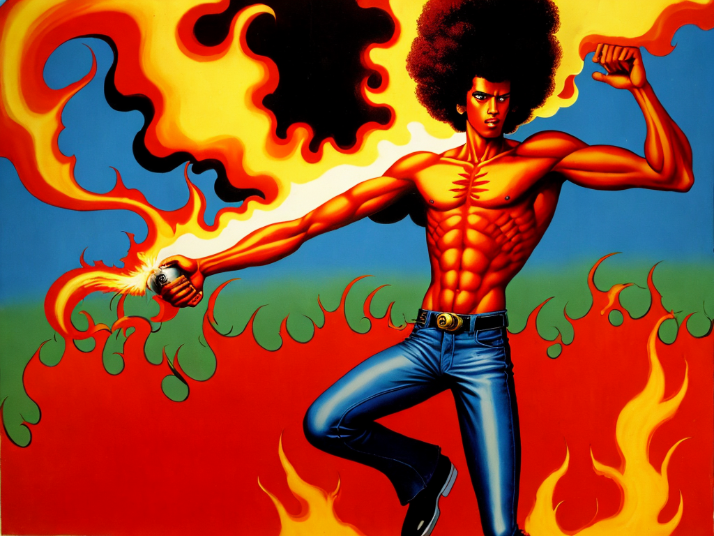 free ai image generator: leaping man funk bell bottoms afro flame thrower