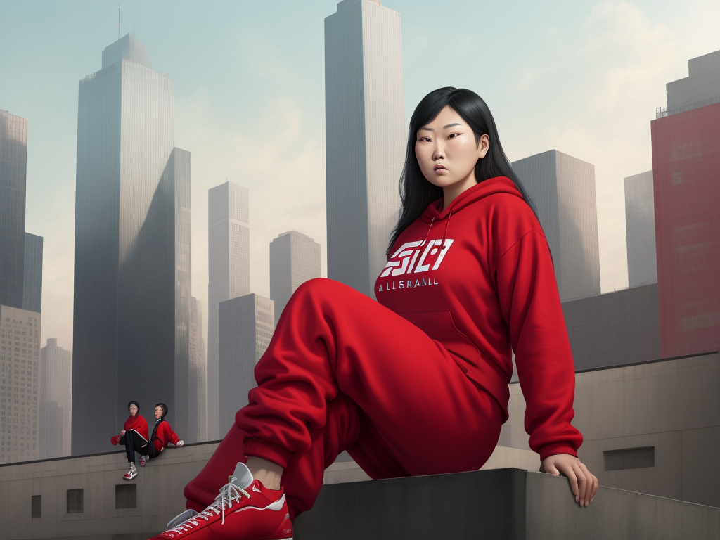 make photo higher quality: a tall large giant Asian woman in red sweatpants