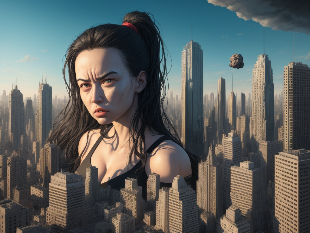 Convert pic: nude busty Giantess destroy the city, portrait