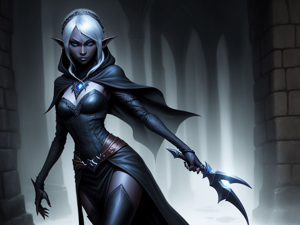 ai image: one female drow elf, rogue, black clothes, full