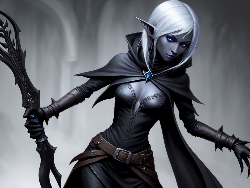 Ai photo manipulation: one female drow elf, rogue, black clothes, full