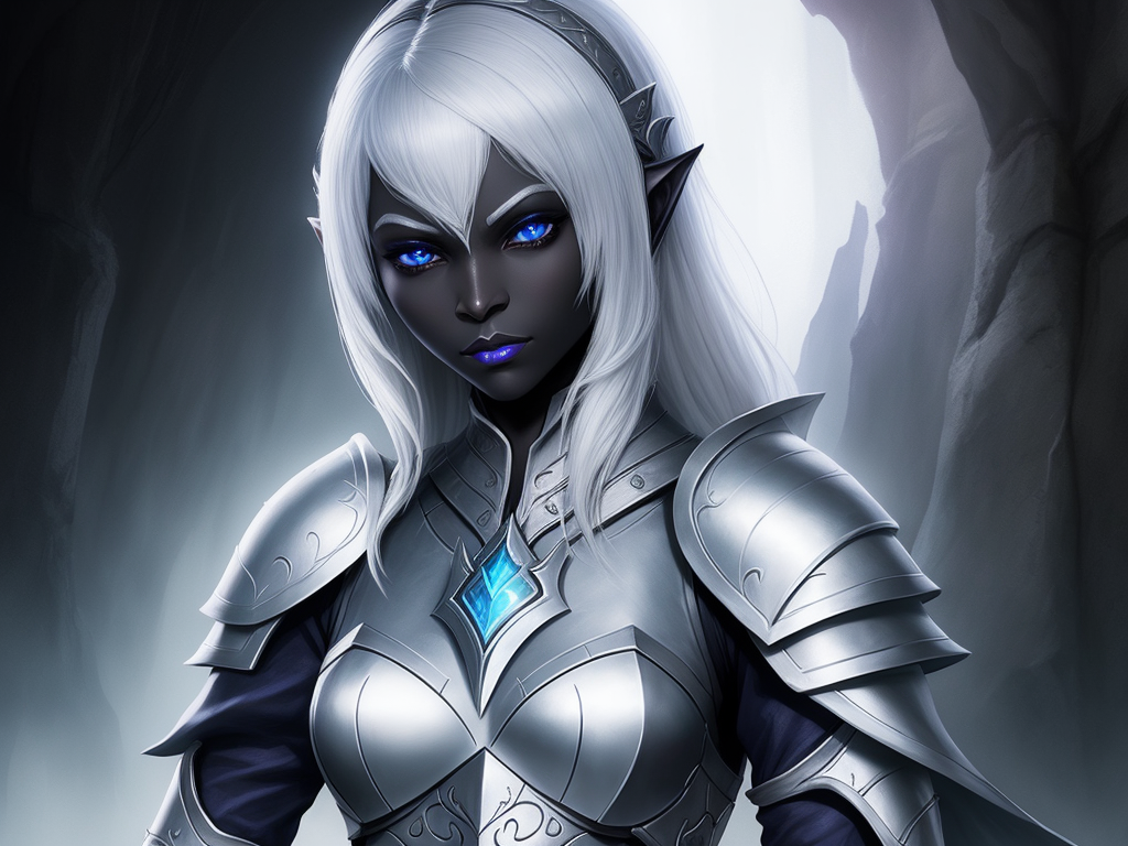 pixel wallpaper 4k: one female drow on armor, white tabard, full body