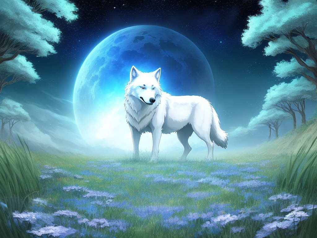 Convert Small Image To Large: One White Wolf With Blue Eyes, Studio Ghibli,