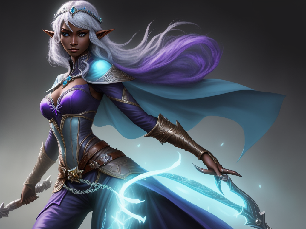 photo ai: 1 solo female drow elf swashbuckler, voluptuous,