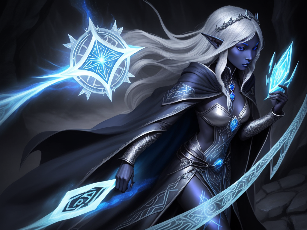 photo ai: 1 solo female drow elf wizard, black skin, deep