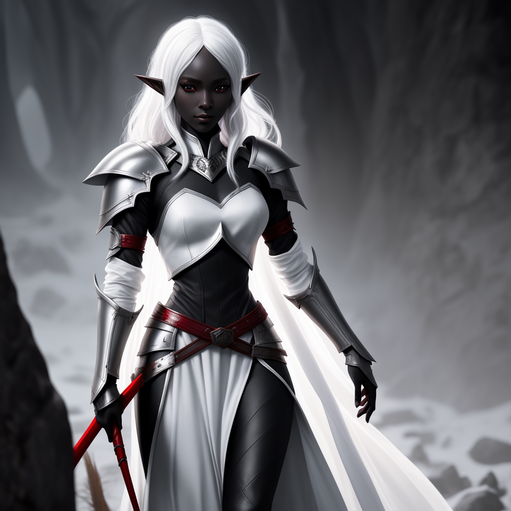 photo enhancer: 1 solo female drow elf knight, black skin, white