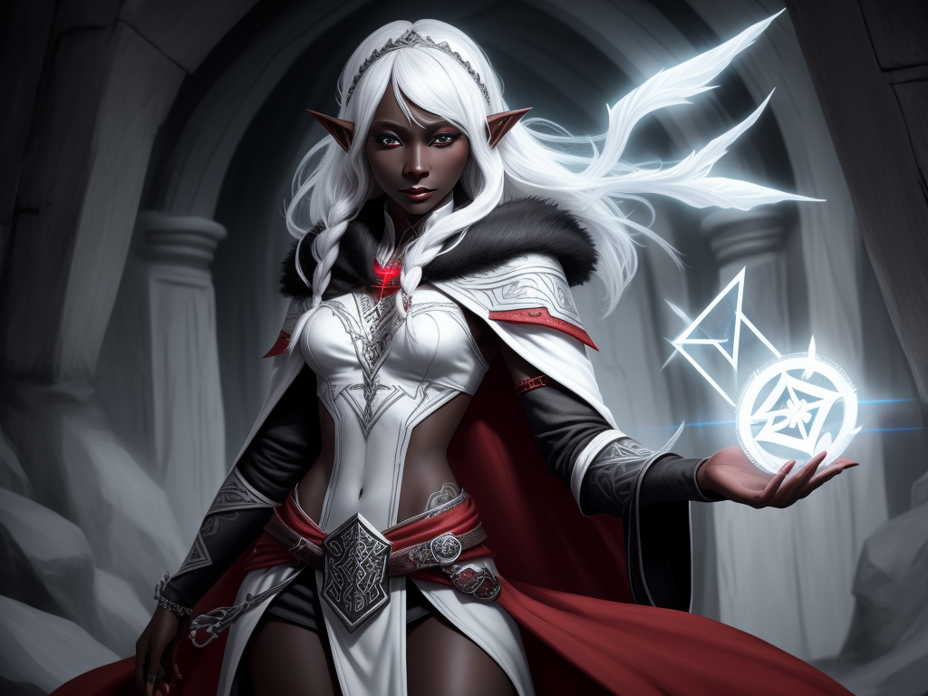 photo pic: 1 solo female drow elf wizard, black skin, white