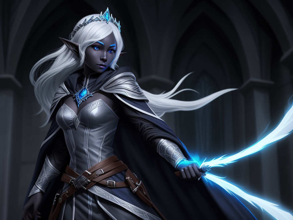 Picture To Text Online: 1 Solo Female Drow Elf Adventurer, Black Skin,