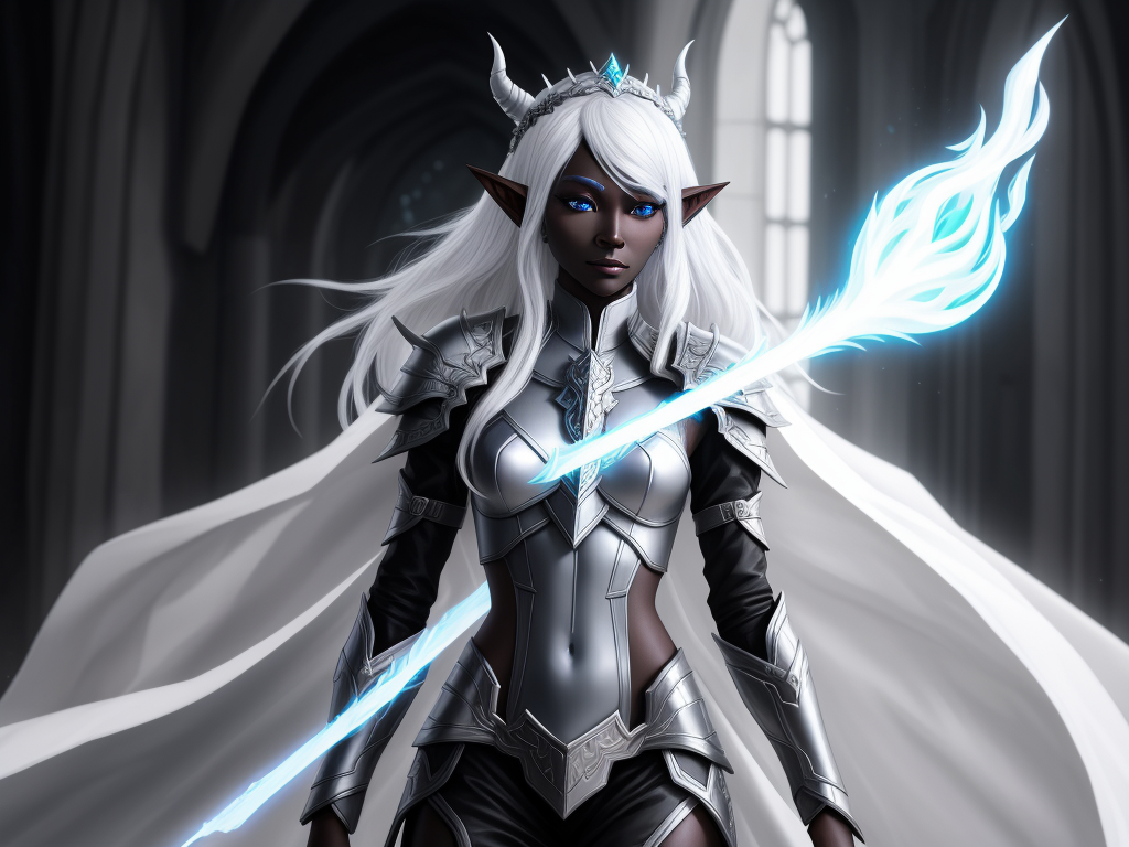 pixel wallpaper 4k: 1 solo female drow elf, black skin, white hair,