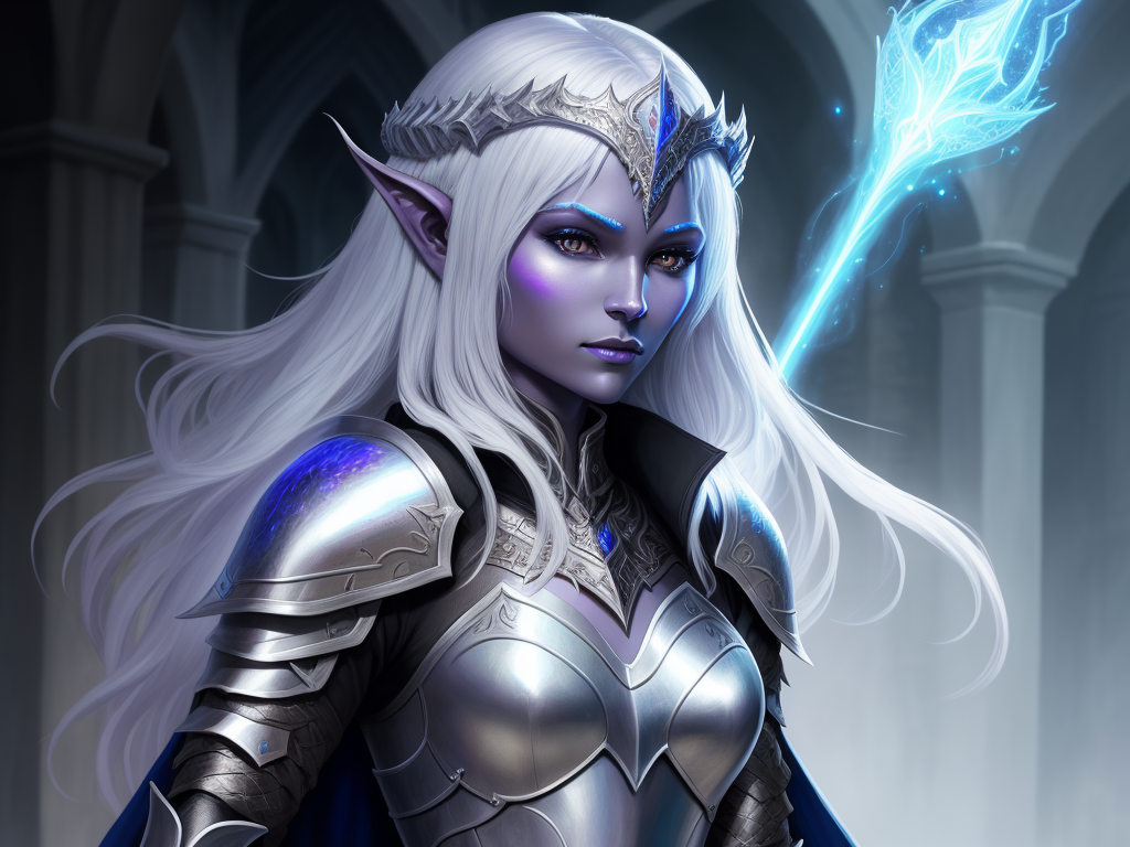 Upscaler: solo female drow knight in silver draconic armor,