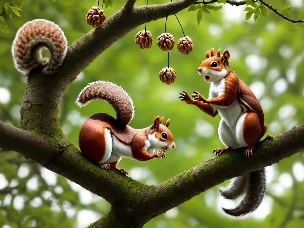 Image quality enhancer Squirrels jump from tree to tree in the forest,