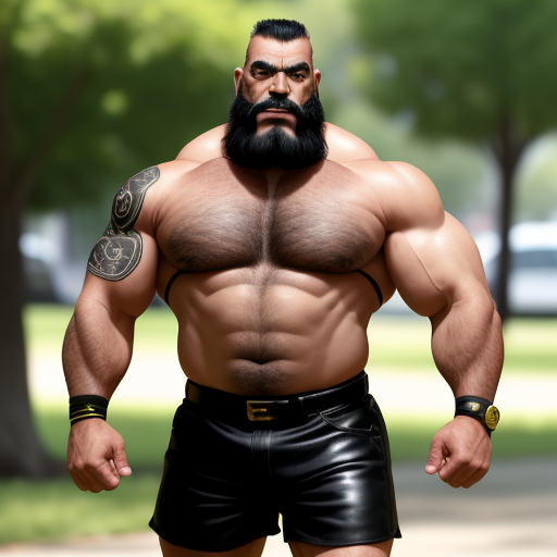 text to image ai: A muscular older latino wrestler daddy with black