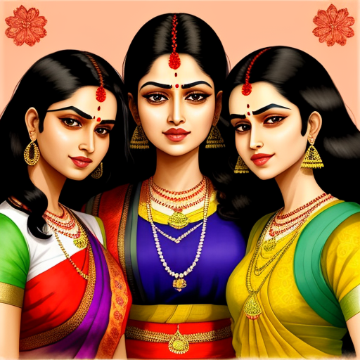 Enhance image three beautiful girls, big breasts, marathi saree