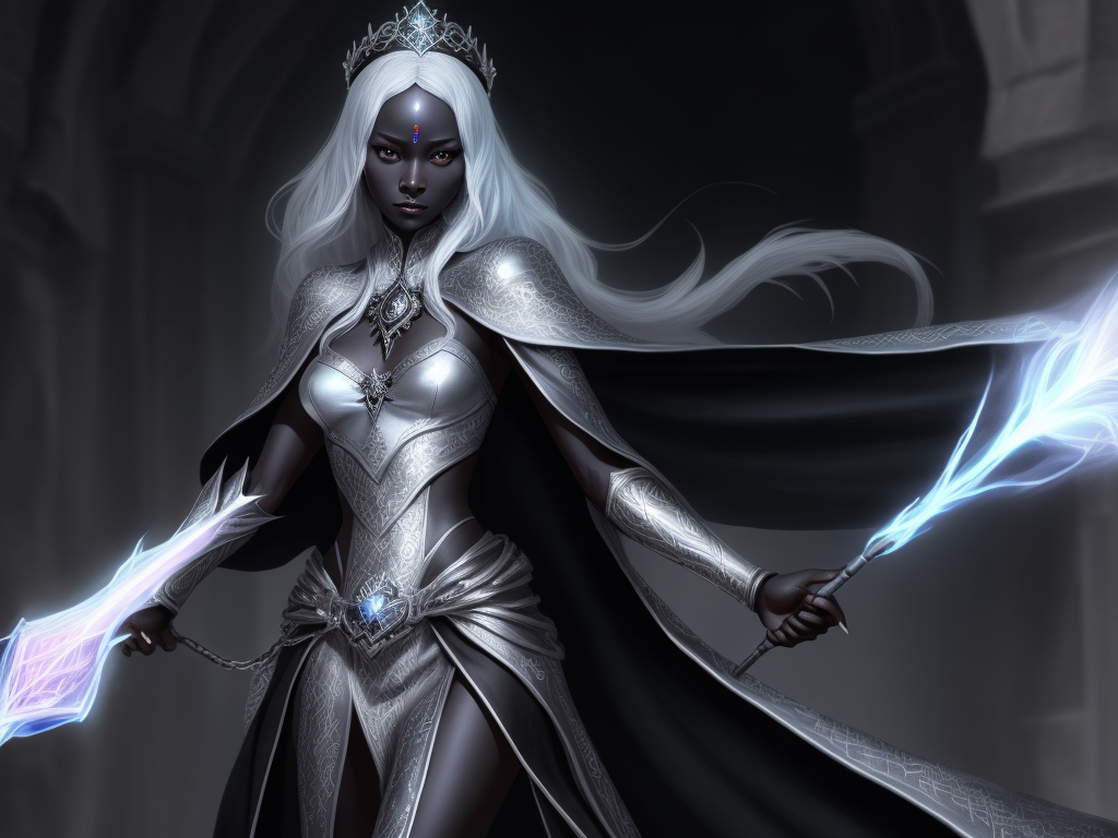 turn photo to 4k: 1 solo female drow cleric, black skin, silver