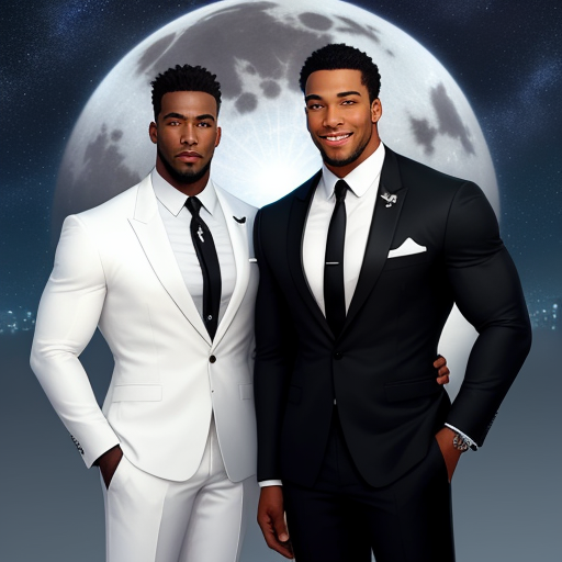 Convert low res to high res Two handsome muscular black men in white suits