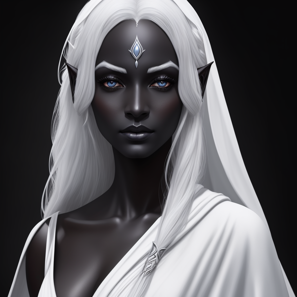 upscaler: one tall drow Elven woman wearing a white robe,